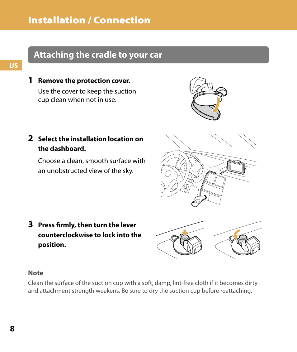 Installation / connection, Attaching the cradle to your car 1 | Sony NV-U74T User Manual | Page 8 / 104