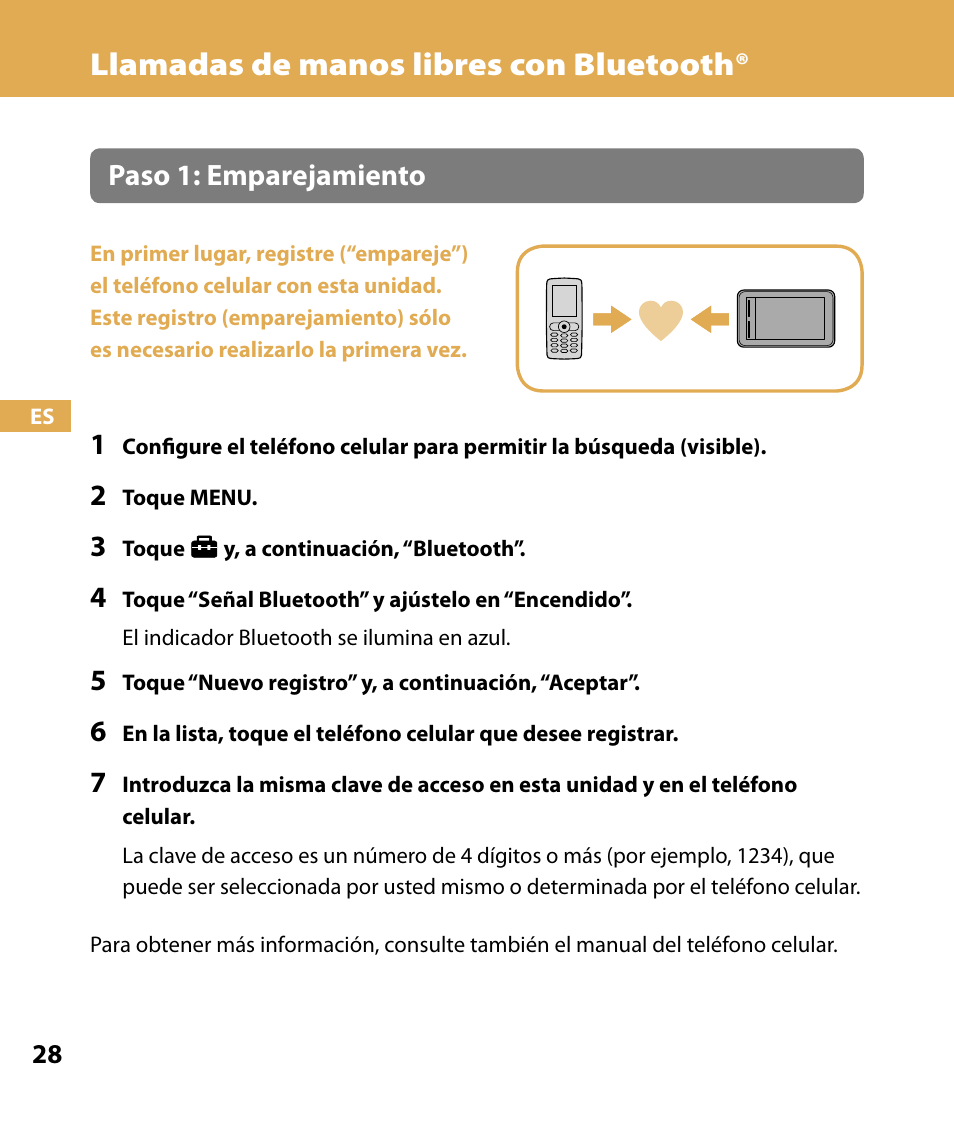 Llamadas de manos libres con bluetooth, Paso 1: emparejamiento | Sony NV-U74T User Manual | Page 96 / 104