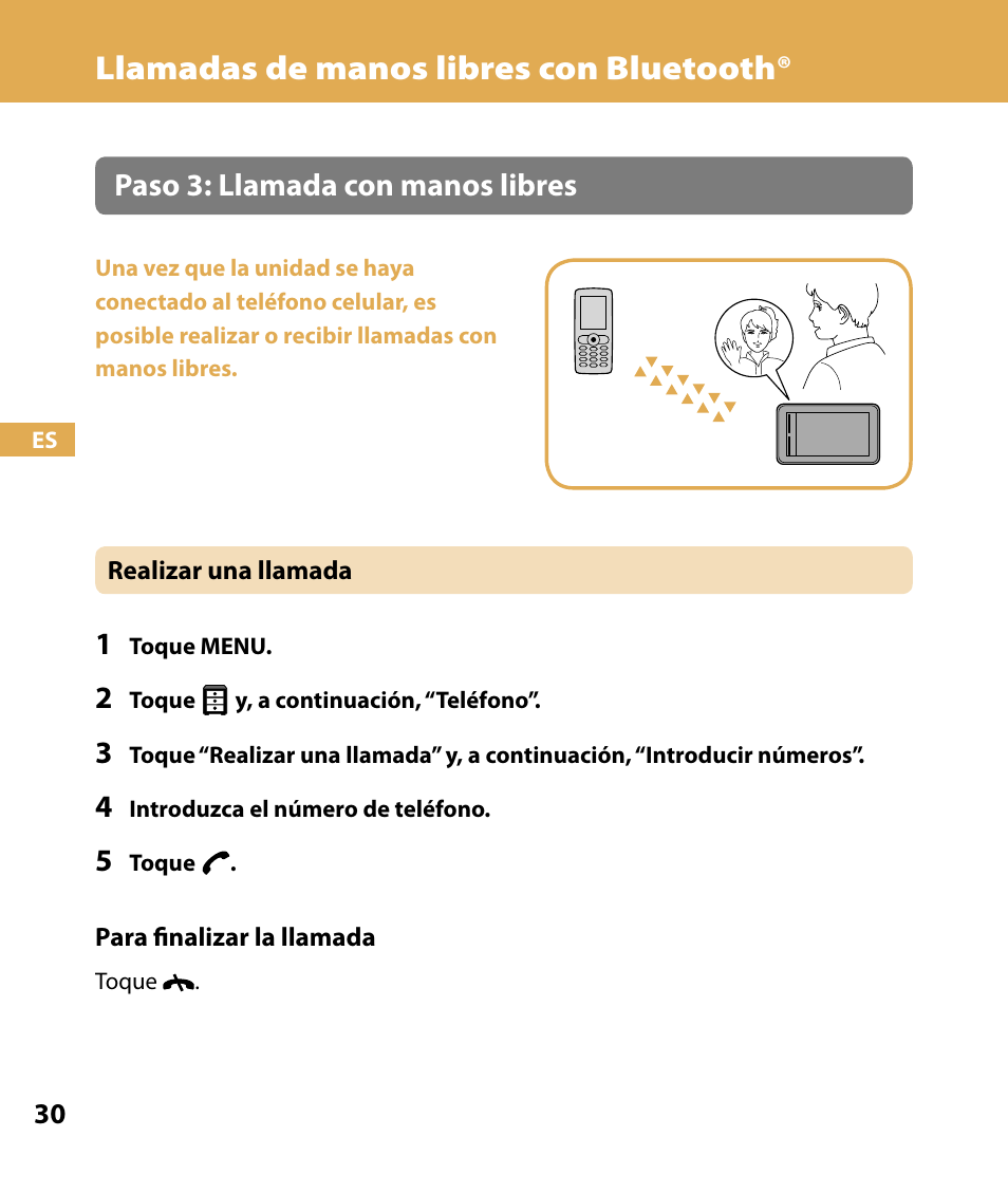 Llamadas de manos libres con bluetooth, Paso : llamada con manos libres | Sony NV-U74T User Manual | Page 98 / 104