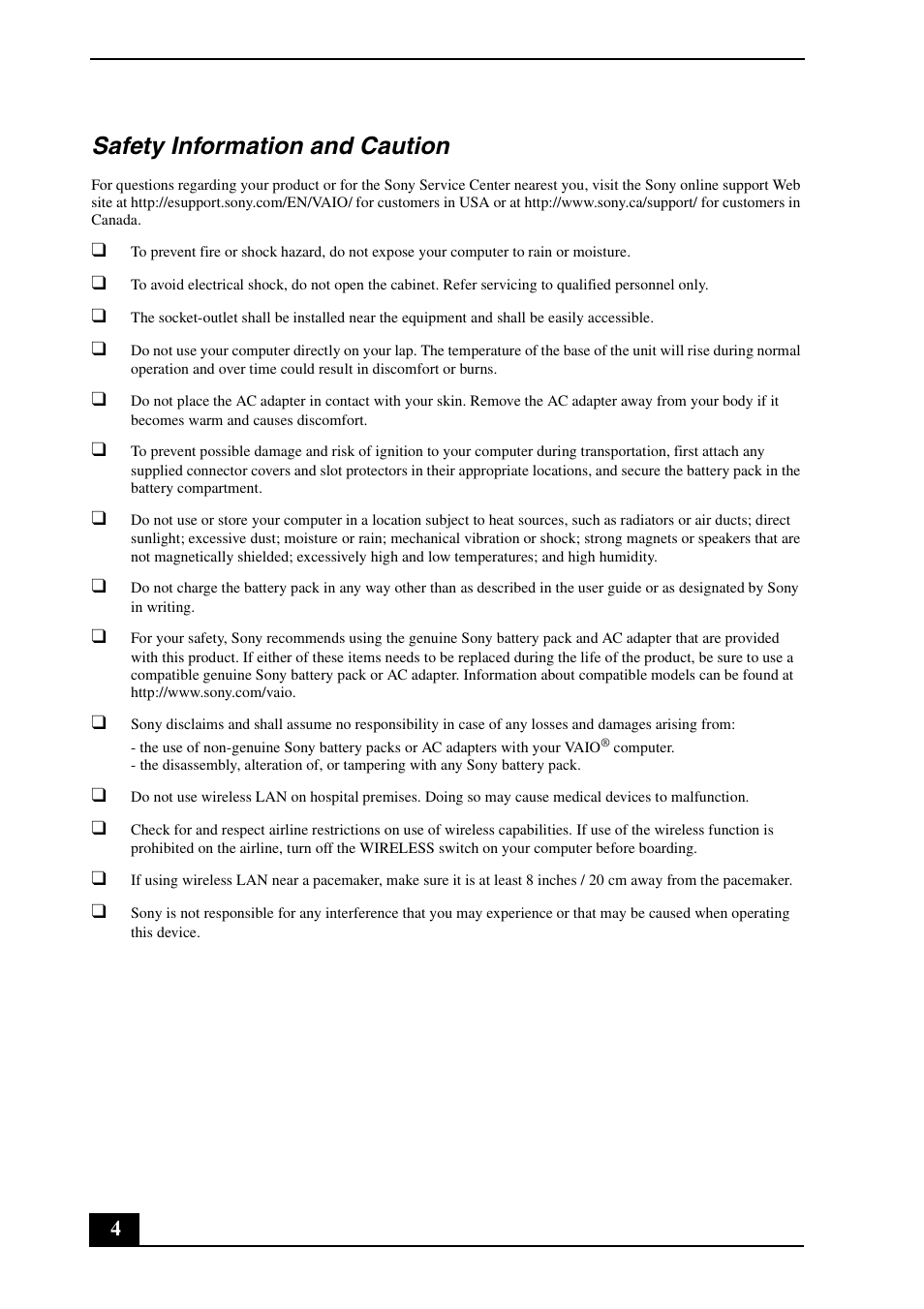 Safety information and caution | Sony VPCY21AFX User Manual | Page 4 / 20