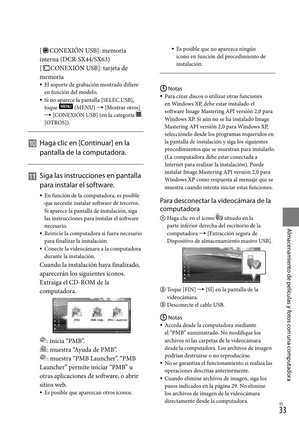 Para desconectar la videocámara de la computadora | Sony DCR-SX44 User Manual | Page 103 / 139