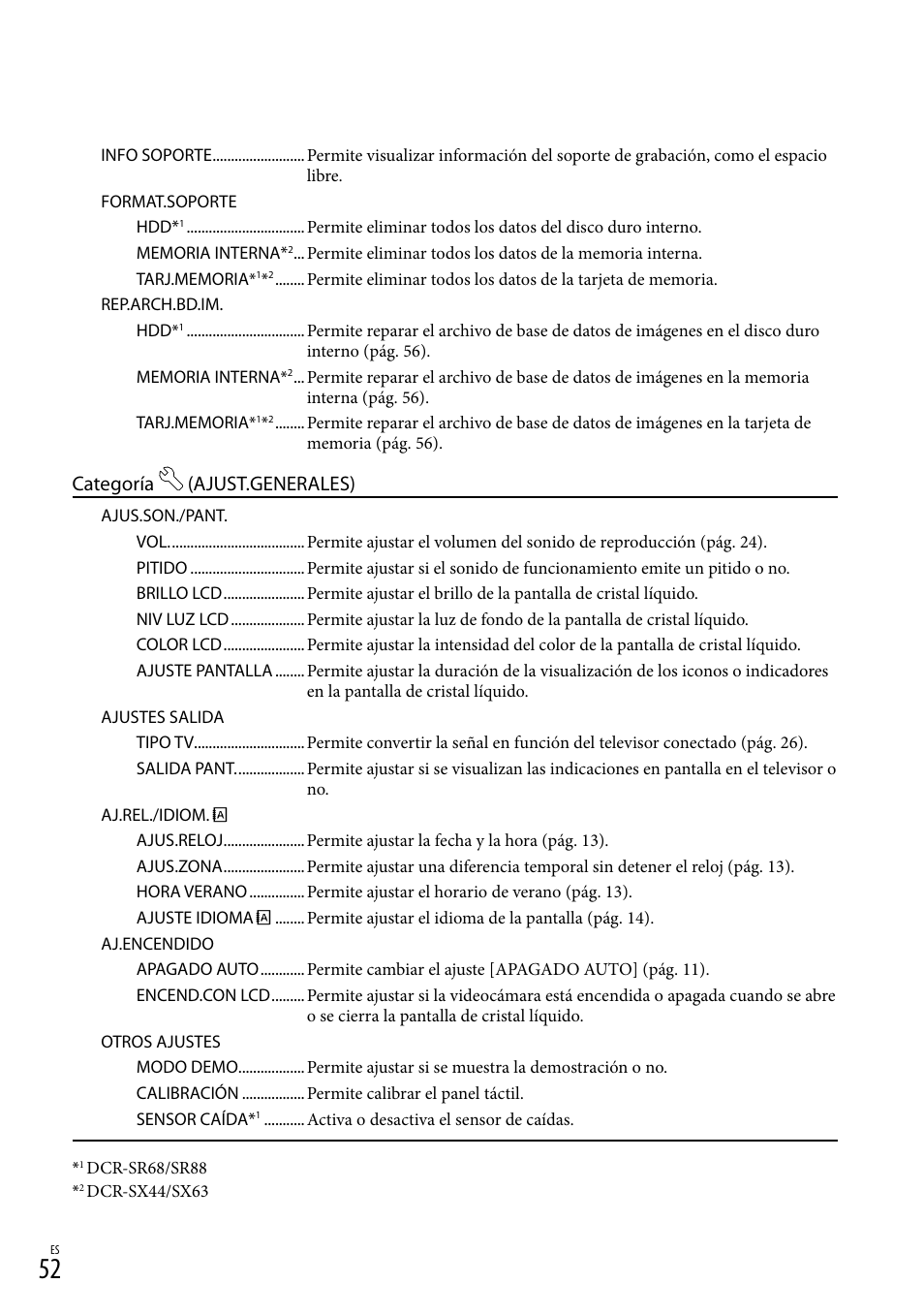 52) p, Categoría (ajust.generales) | Sony DCR-SX44 User Manual | Page 122 / 139