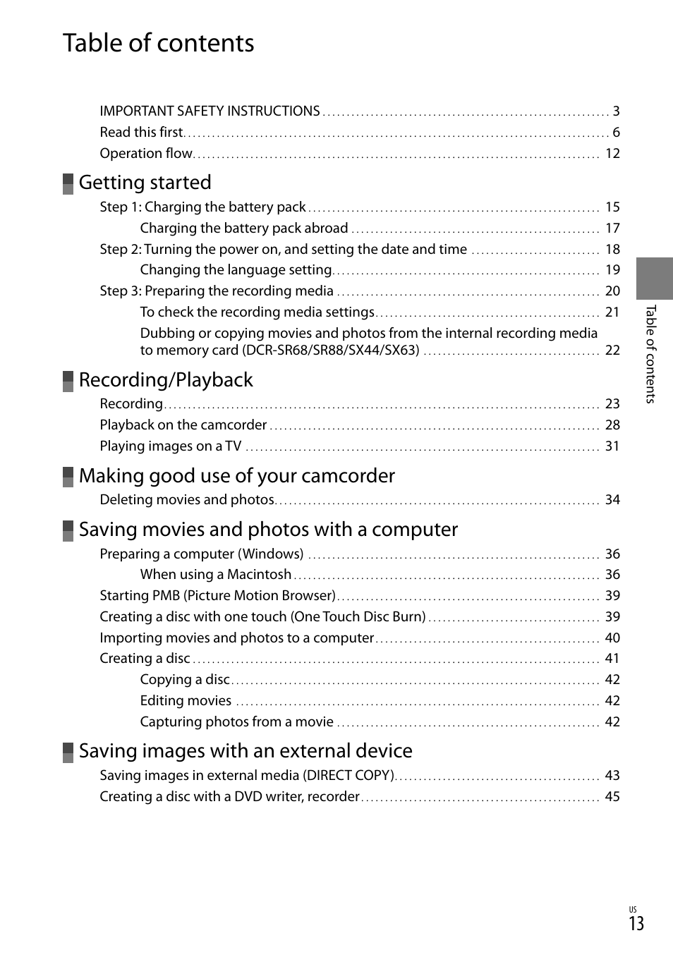 Sony DCR-SX44 User Manual | Page 13 / 139