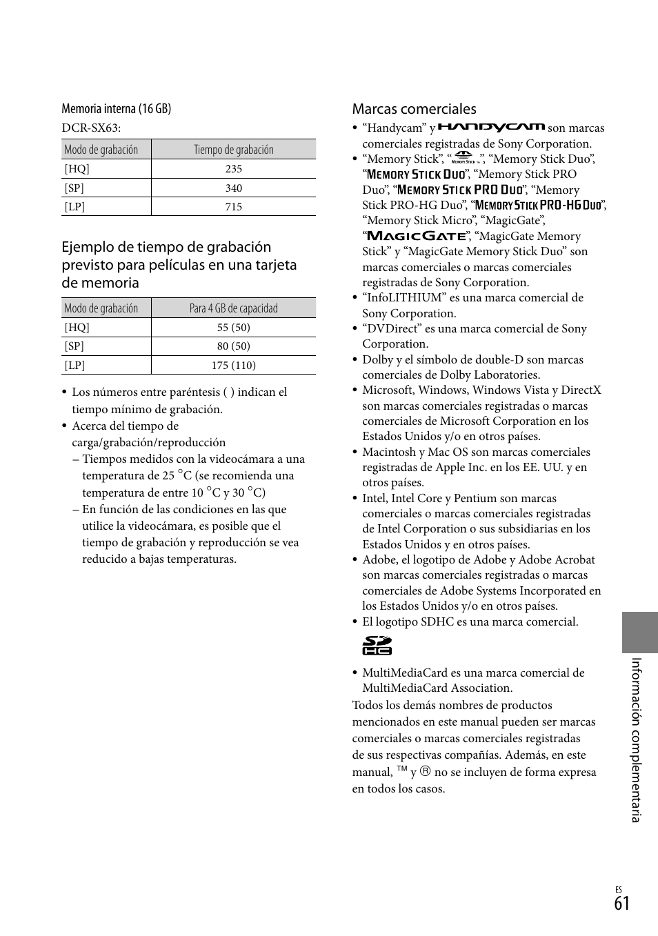 Marcas comerciales | Sony DCR-SX44 User Manual | Page 131 / 139