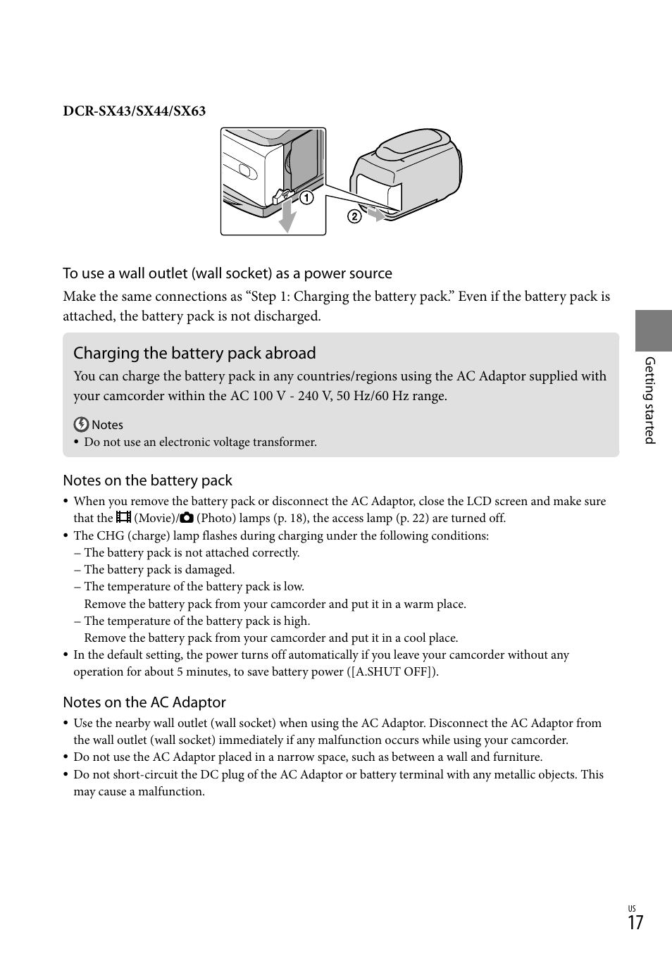 Charging the battery pack abroad | Sony DCR-SX44 User Manual | Page 17 / 139