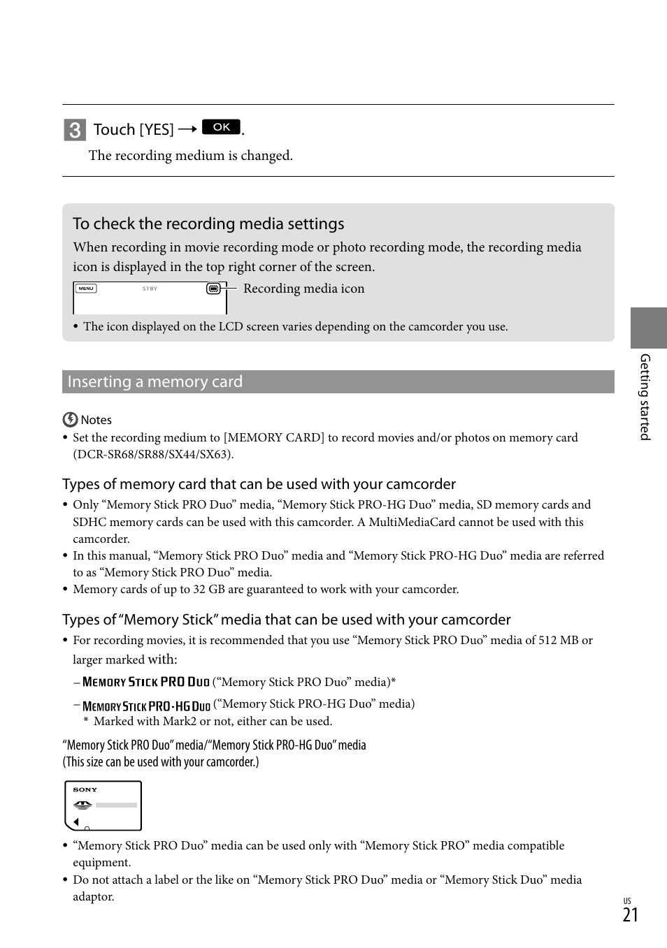 To check the recording media settings, Touch [yes | Sony DCR-SX44 User Manual | Page 21 / 139