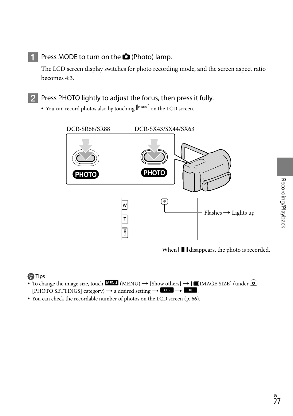 Press mode to turn on the (photo) lamp | Sony DCR-SX44 User Manual | Page 27 / 139