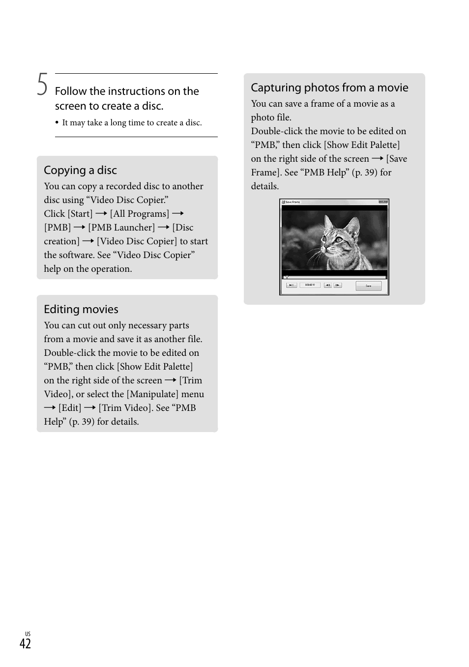 Copying a disc, Editing movies, Capturing photos from a movie | Sony DCR-SX44 User Manual | Page 42 / 139