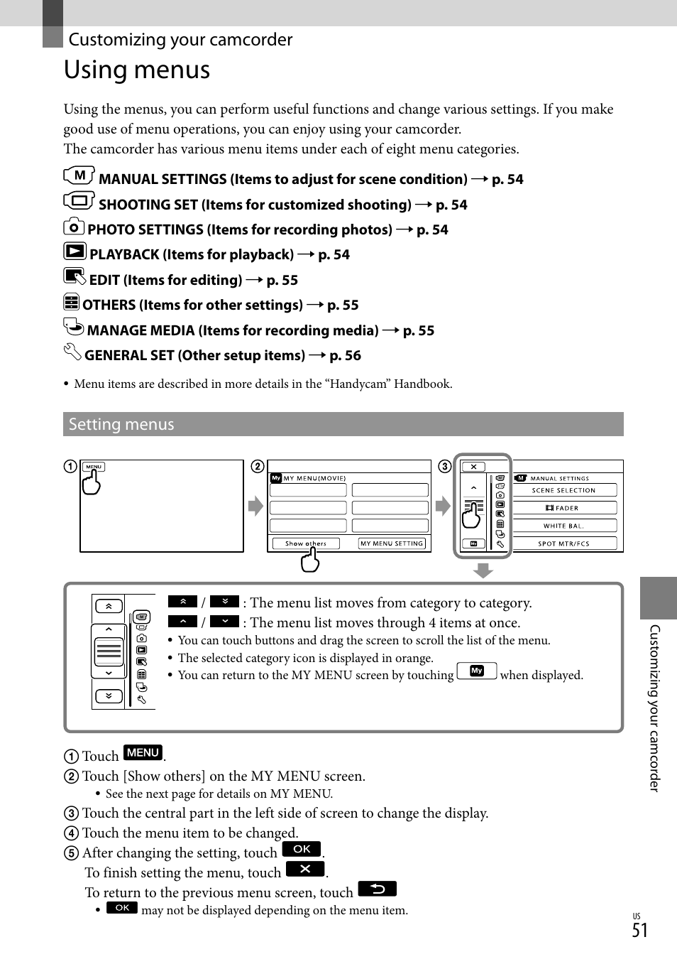 Customizing your camcorder, Using menus, Setting menus | Sony DCR-SX44 User Manual | Page 51 / 139