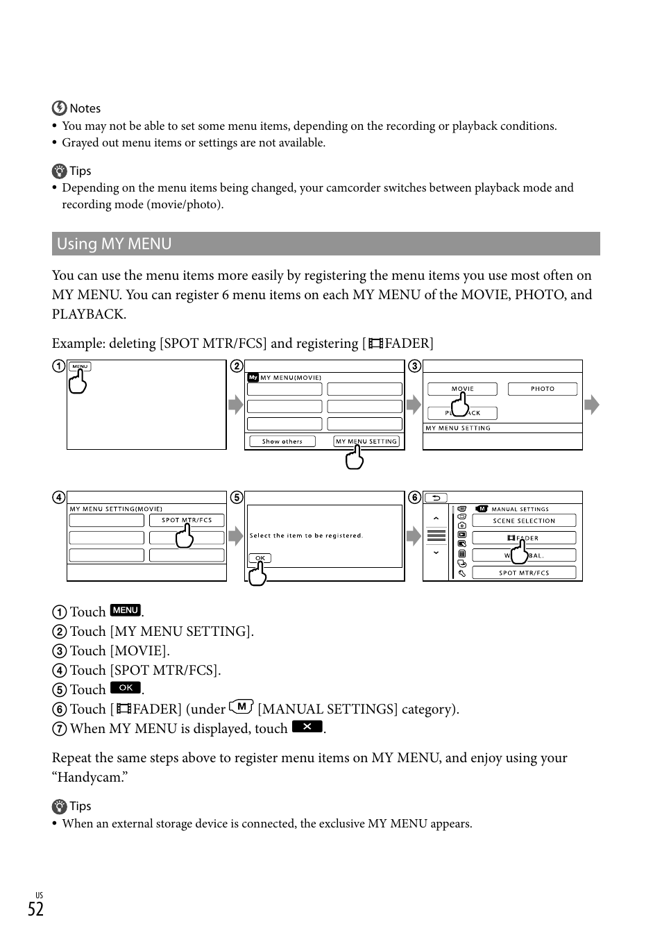 Using my menu | Sony DCR-SX44 User Manual | Page 52 / 139