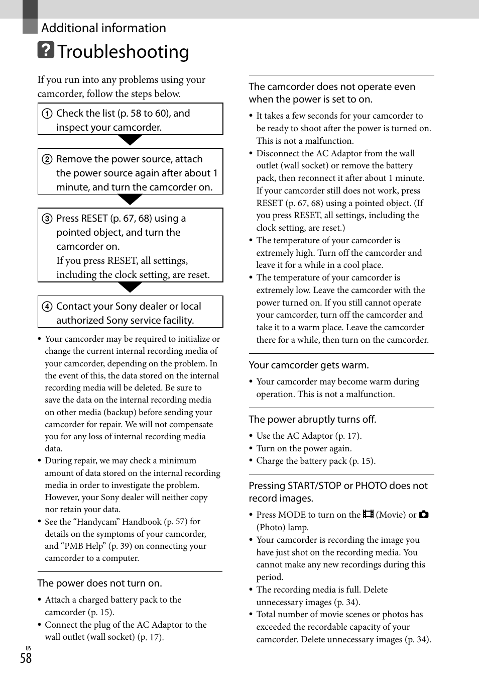 Additional information, Troubleshooting | Sony DCR-SX44 User Manual | Page 58 / 139