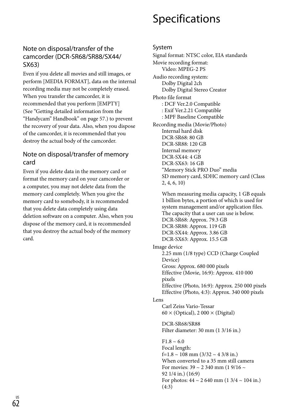 Specifications | Sony DCR-SX44 User Manual | Page 62 / 139