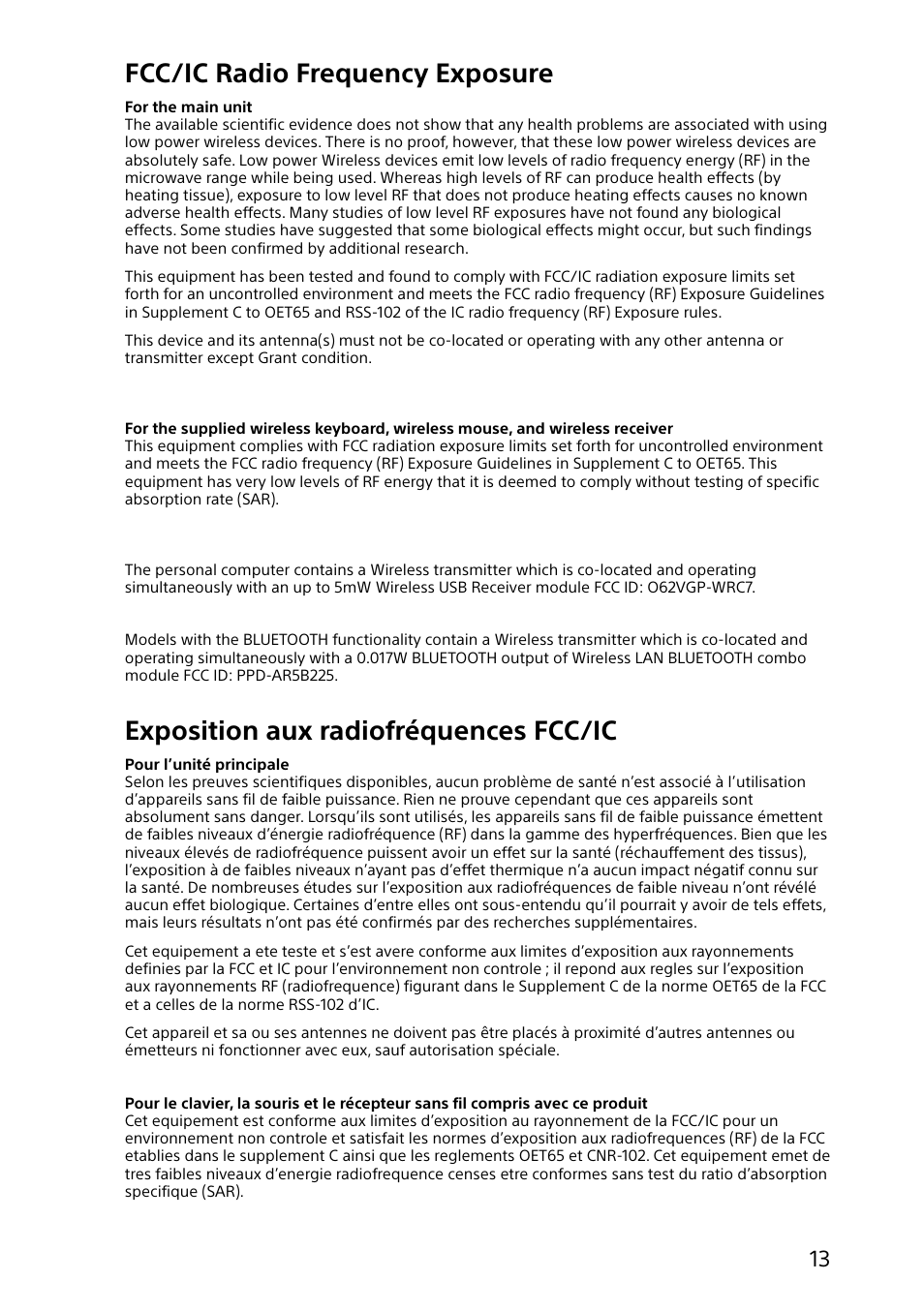 Fcc/ic radio frequency exposure, Exposition aux radiofréquences fcc/ic | Sony SVL24127CXB User Manual | Page 13 / 36