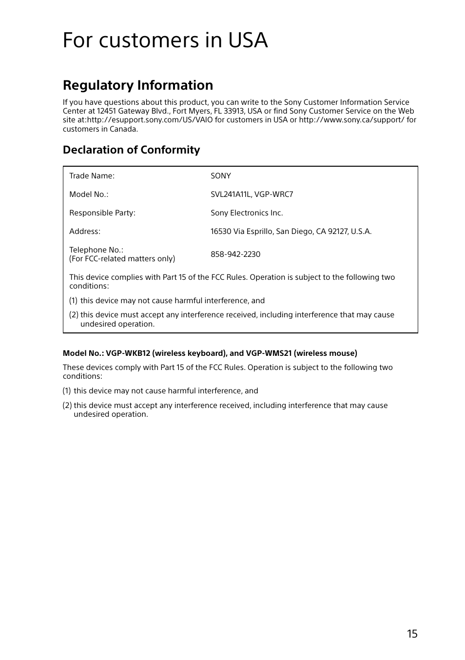 For customers in usa, Regulatory information, Declaration of conformity | Sony SVL24127CXB User Manual | Page 15 / 36