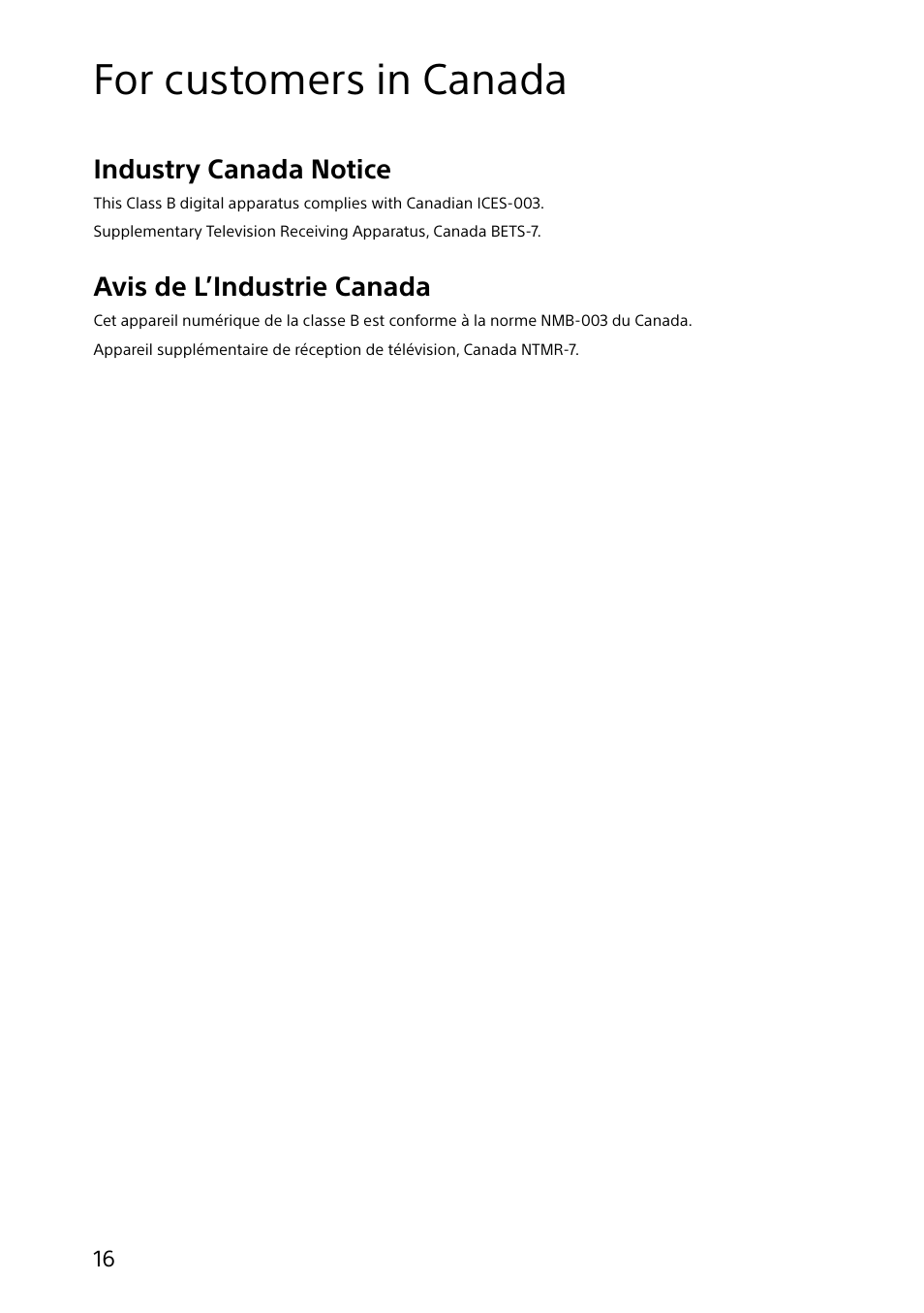 For customers in canada, Industry canada notice, Avis de l’industrie canada | Sony SVL24127CXB User Manual | Page 16 / 36