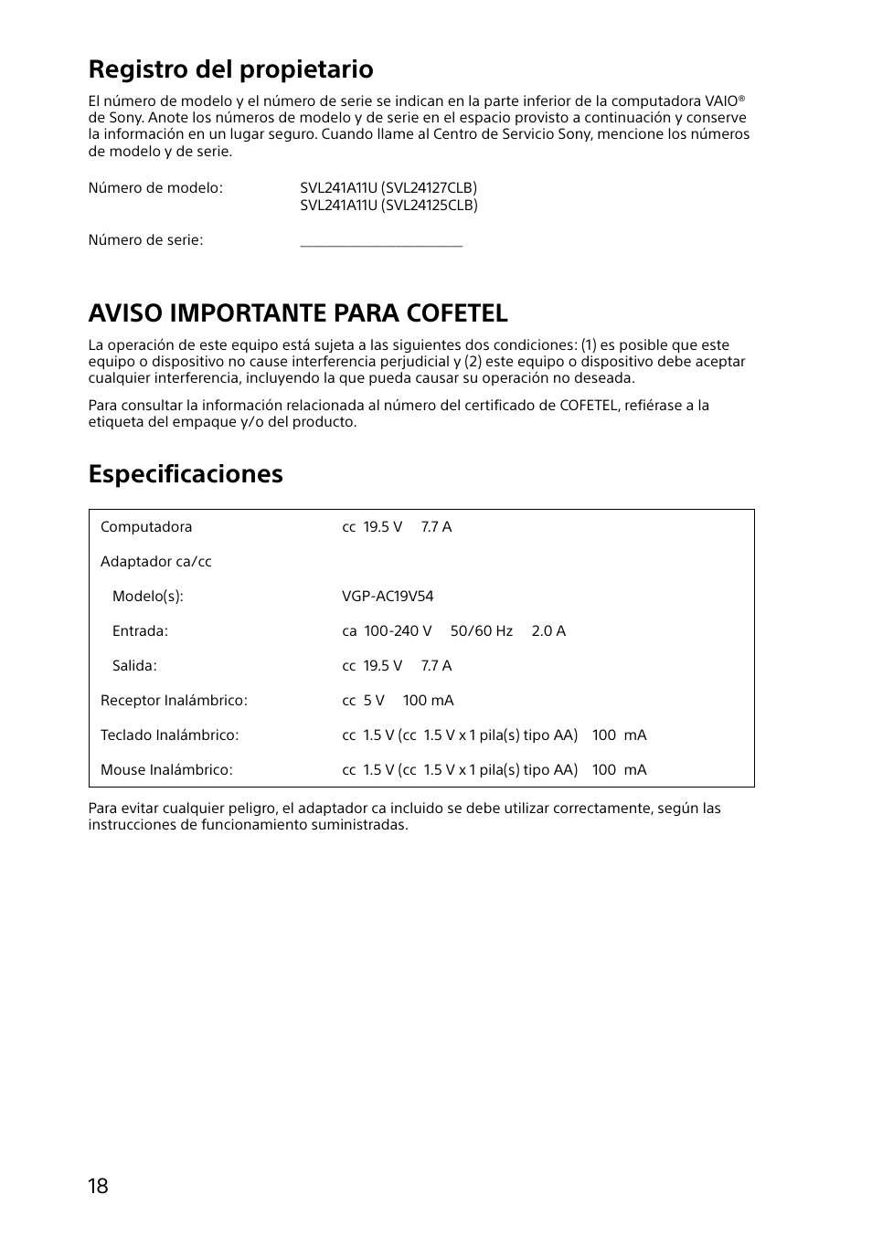 Registro del propietario, Aviso importante para cofetel, Especificaciones | Sony SVL24127CXB User Manual | Page 18 / 36