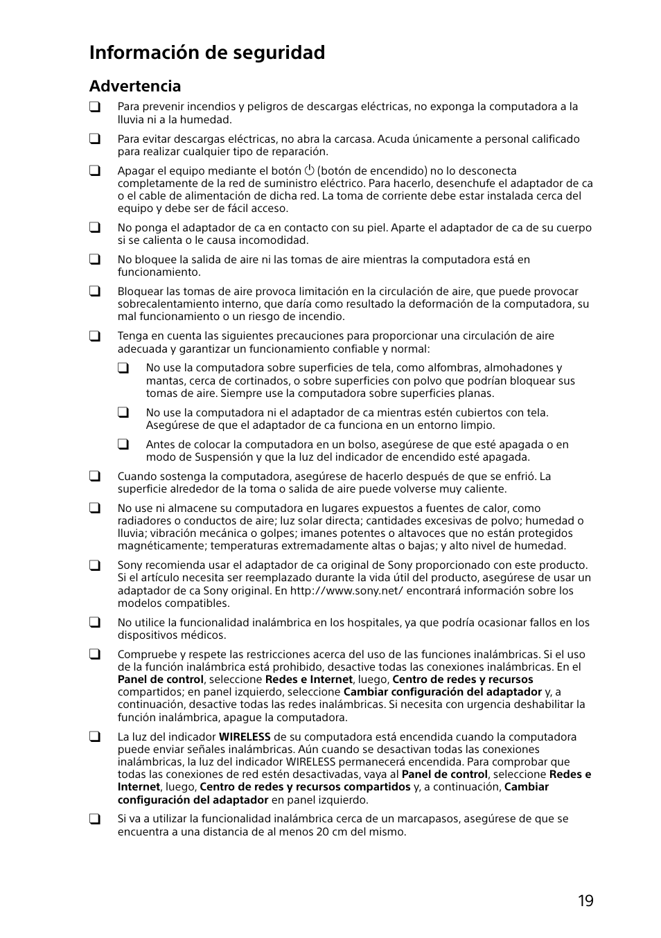 Información de seguridad, Advertencia | Sony SVL24127CXB User Manual | Page 19 / 36