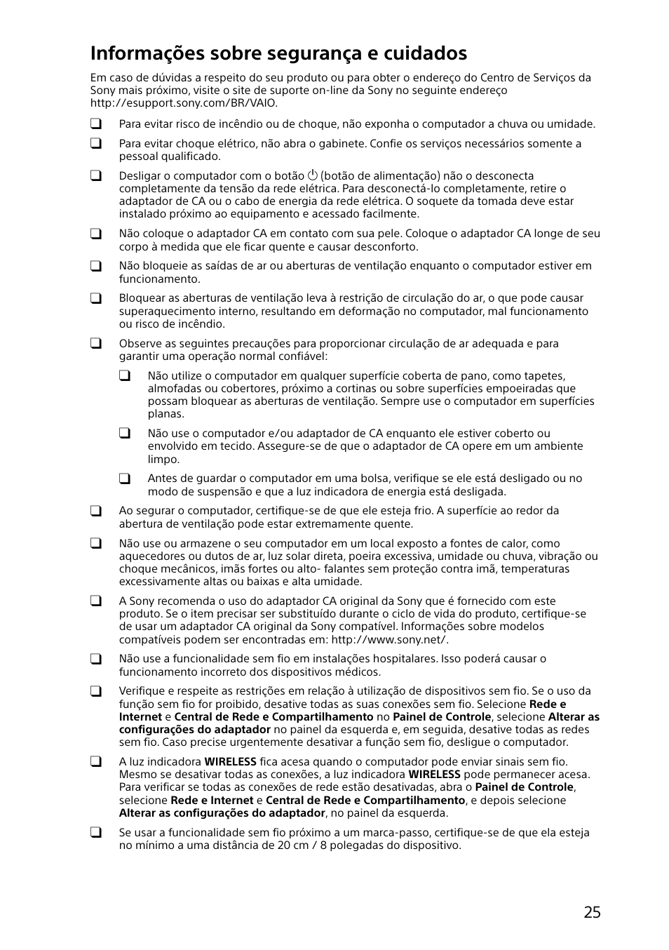 Informações sobre segurança e cuidados | Sony SVL24127CXB User Manual | Page 25 / 36