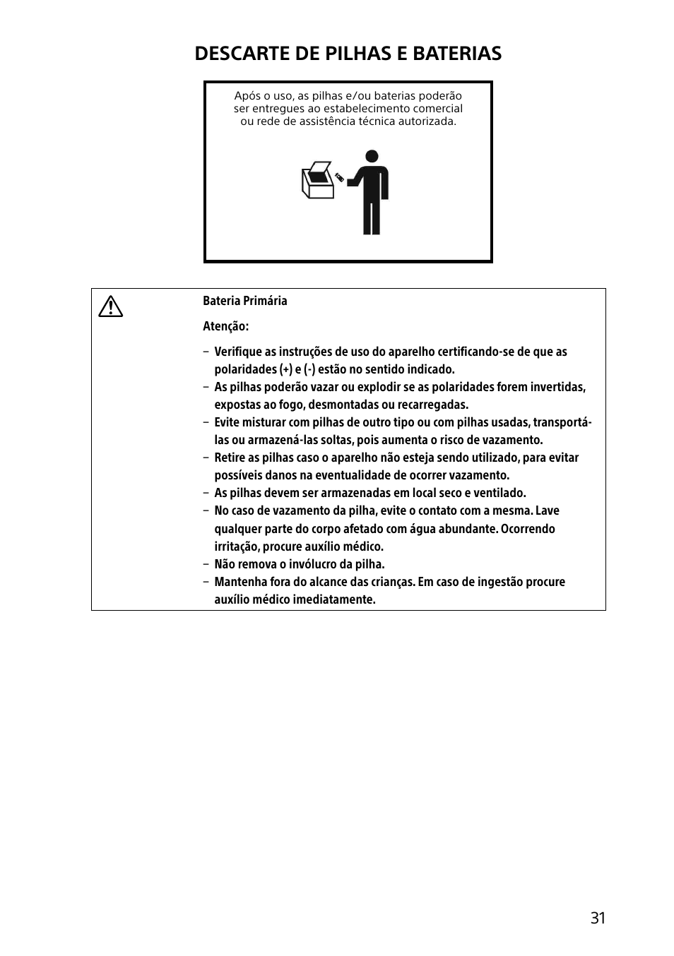 Descarte de pilhas e baterias | Sony SVL24127CXB User Manual | Page 31 / 36