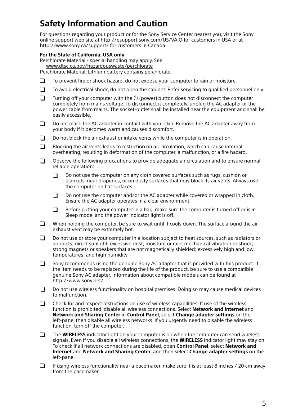 Safety information and caution | Sony SVL24127CXB User Manual | Page 5 / 36