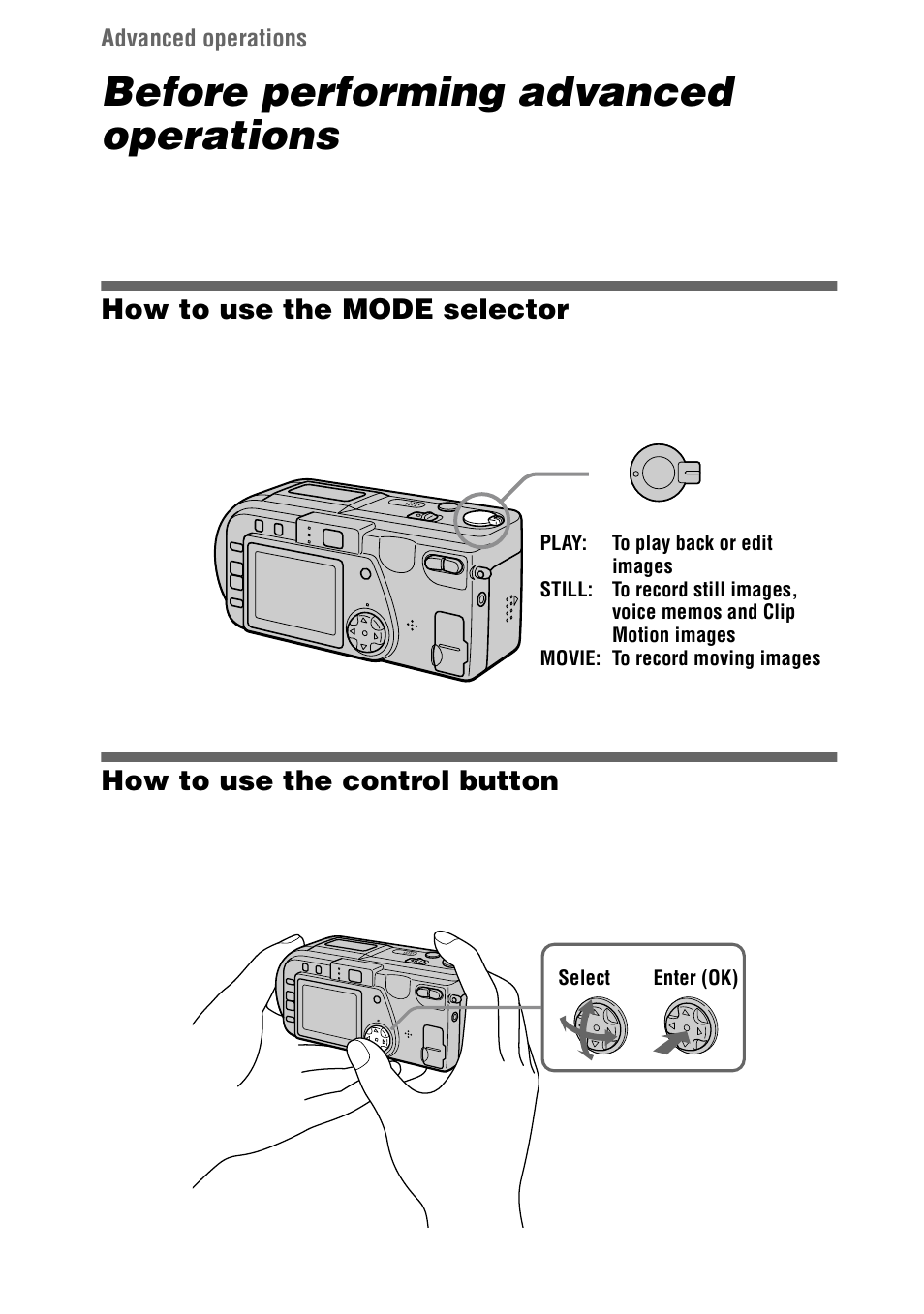 Advanced operations, How to use the mode selector, How to use the control button | Before performing advanced operations | Sony DSC-P1 User Manual | Page 32 / 72