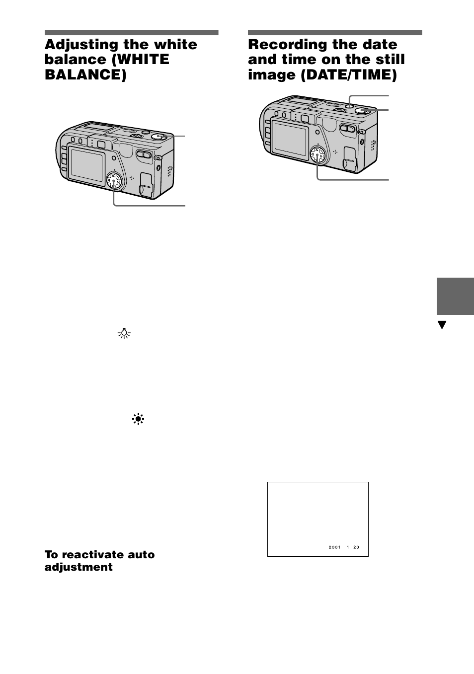 Adjusting the white balance (white balance), Adjusting the white balance, White balance) | Recording the date and time on the still, Image (date/time), 45 adjusting the white balance (white balance) | Sony DSC-P1 User Manual | Page 45 / 72