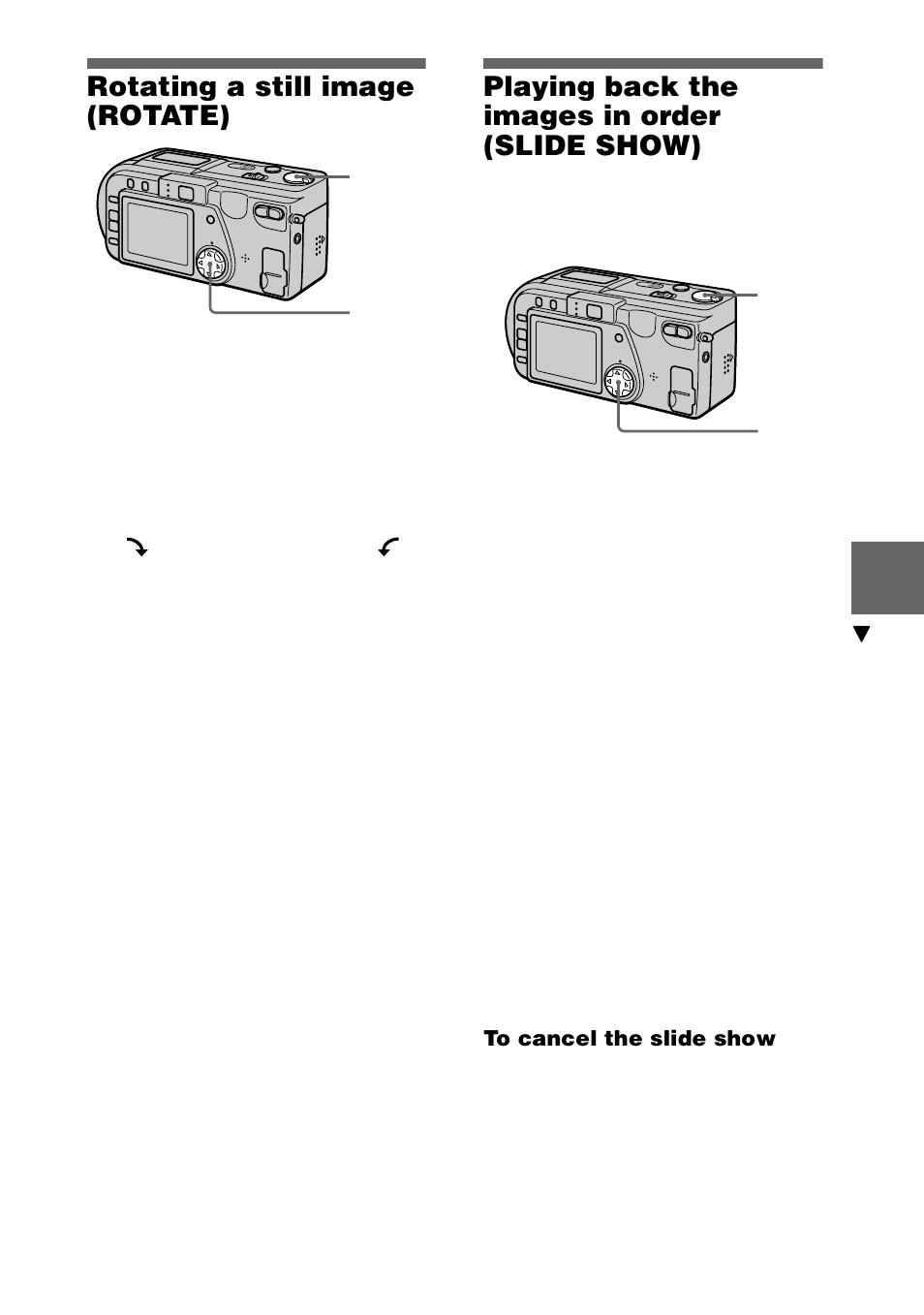 Rotating a still image (rotate), Playing back the images in order (slide show), Playing back the images in order | Slide show), 49 rotating a still image (rotate) | Sony DSC-P1 User Manual | Page 49 / 72