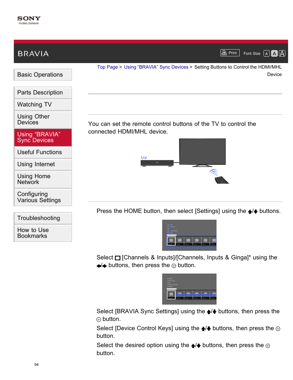 Setting buttons to control the hdmi/mhl device | Sony XBR-65X850A User Manual | Page 100 / 249