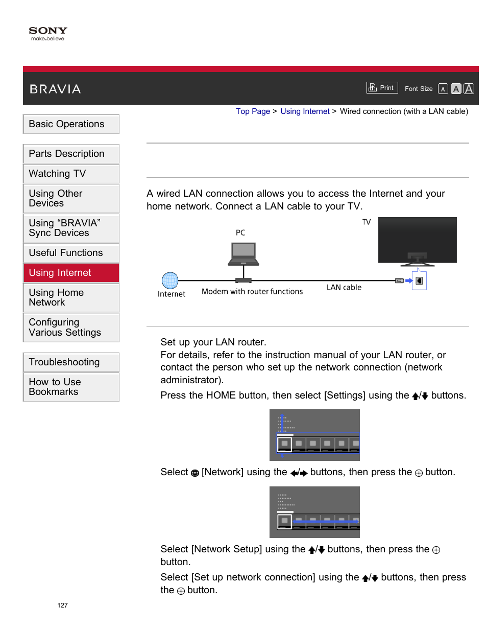 Wired connection (with a lan cable) | Sony XBR-65X850A User Manual | Page 133 / 249