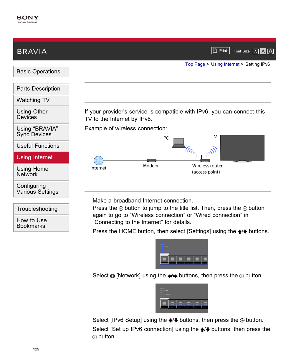 Setting ipv6 | Sony XBR-65X850A User Manual | Page 135 / 249