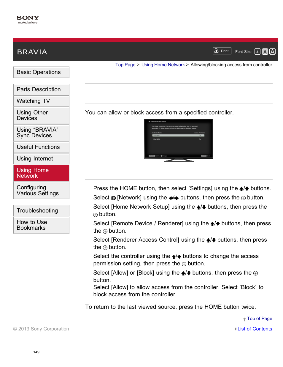 Allowing/blocking access from controller | Sony XBR-65X850A User Manual | Page 155 / 249