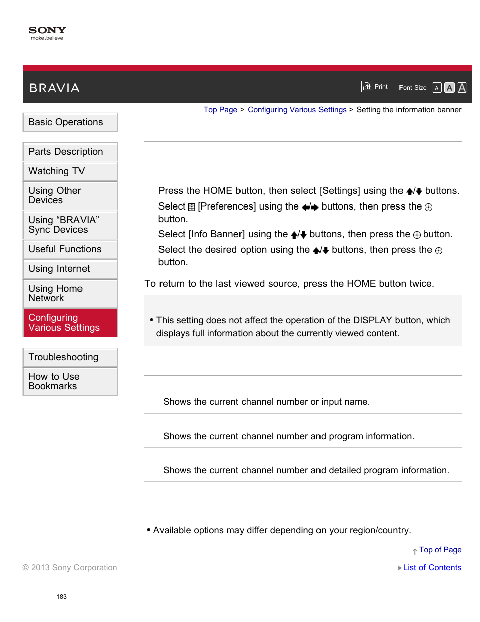 Setting the information banner | Sony XBR-65X850A User Manual | Page 189 / 249
