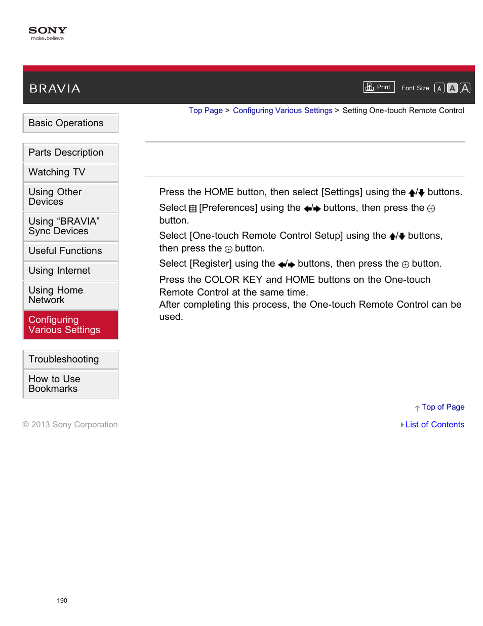 Setting one-touch remote control | Sony XBR-65X850A User Manual | Page 196 / 249
