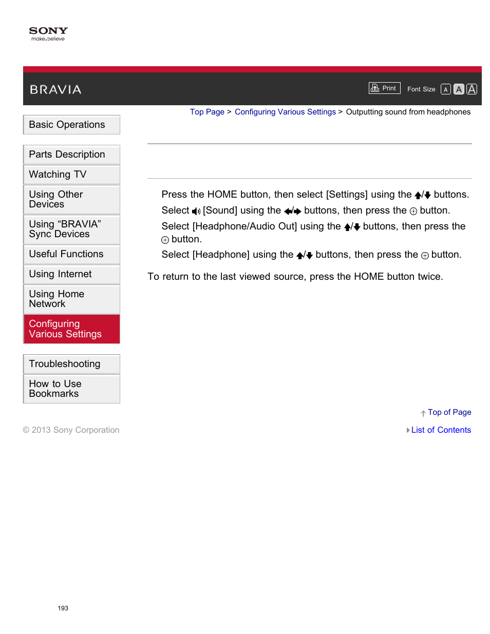 Outputting sound from headphones | Sony XBR-65X850A User Manual | Page 199 / 249