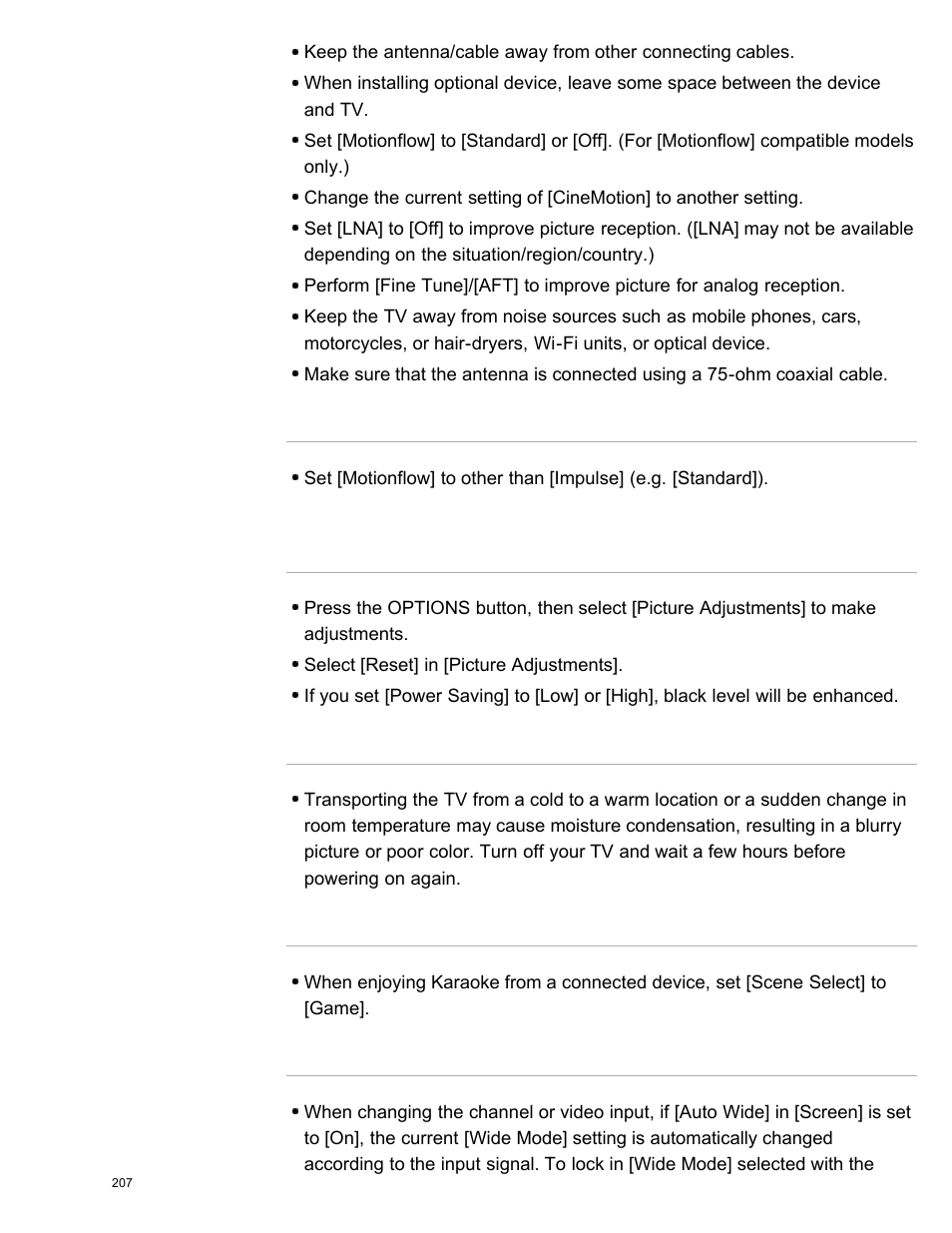 The screen flickers, Blurry picture or poor color, There is lag between video and sound | Screen format/wide mode changes automatically | Sony XBR-65X850A User Manual | Page 213 / 249