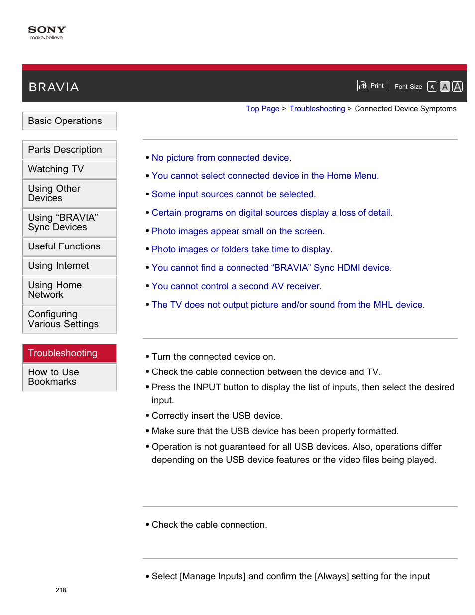 Connected device symptoms | Sony XBR-65X850A User Manual | Page 224 / 249