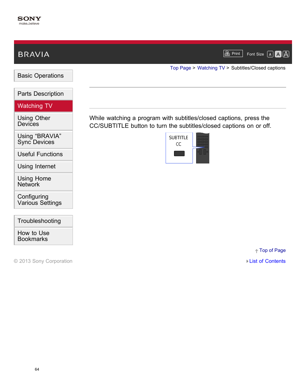 Subtitles/closed captions | Sony XBR-65X850A User Manual | Page 70 / 249