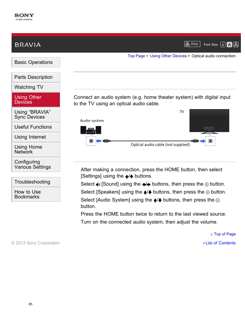 Optical audio connection | Sony XBR-65X850A User Manual | Page 91 / 249