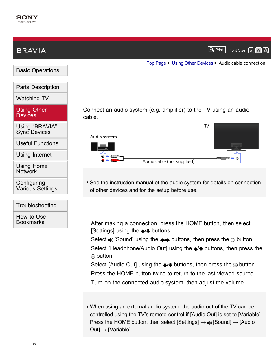 Audio cable connection | Sony XBR-65X850A User Manual | Page 92 / 249