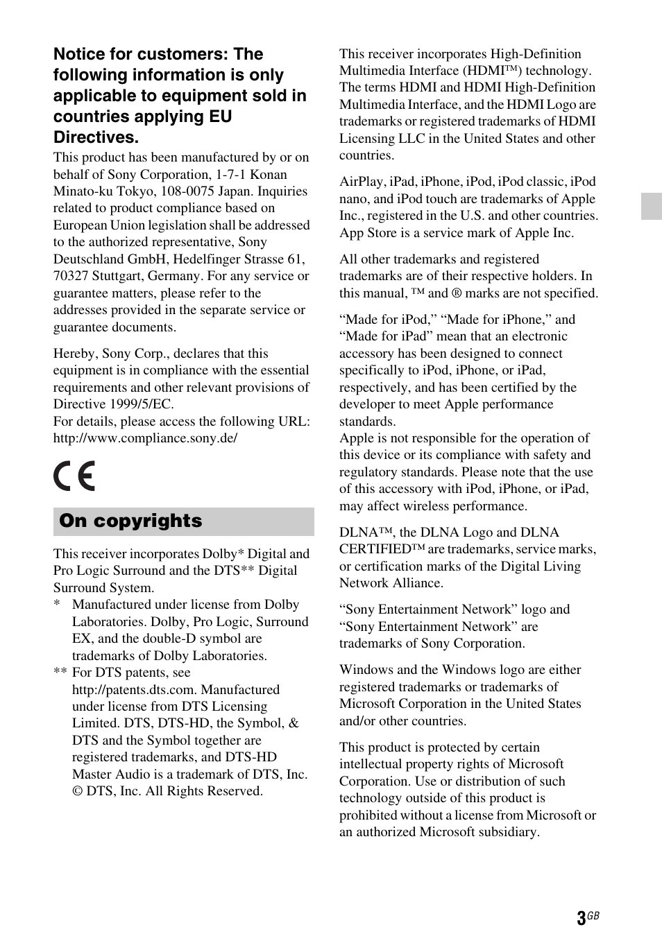 On copyrights | Sony STR-DN1050 User Manual | Page 3 / 116