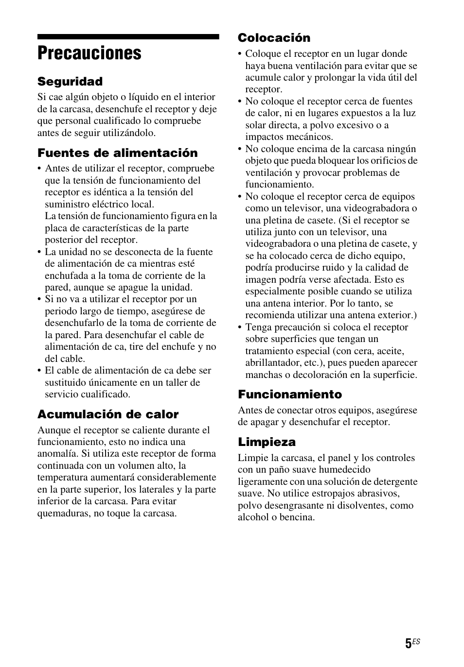 Precauciones | Sony STR-DN1050 User Manual | Page 35 / 116