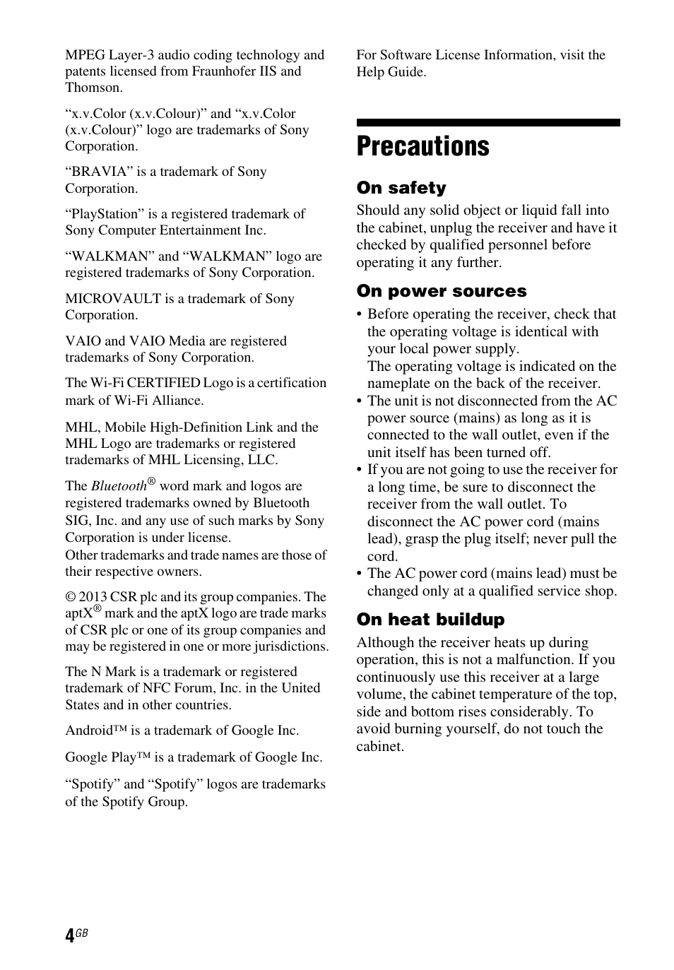 Precautions | Sony STR-DN1050 User Manual | Page 4 / 116