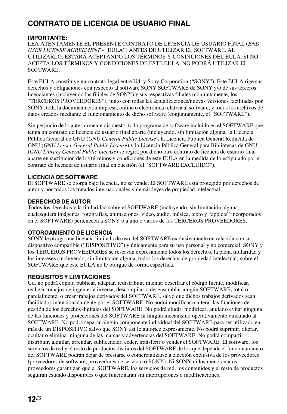 Contrato de licencia de usuario final | Sony STR-DN1050 User Manual | Page 42 / 116