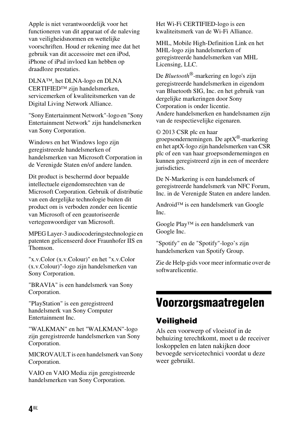 Voorzorgsmaatregelen, Veiligheid | Sony STR-DN1050 User Manual | Page 66 / 116