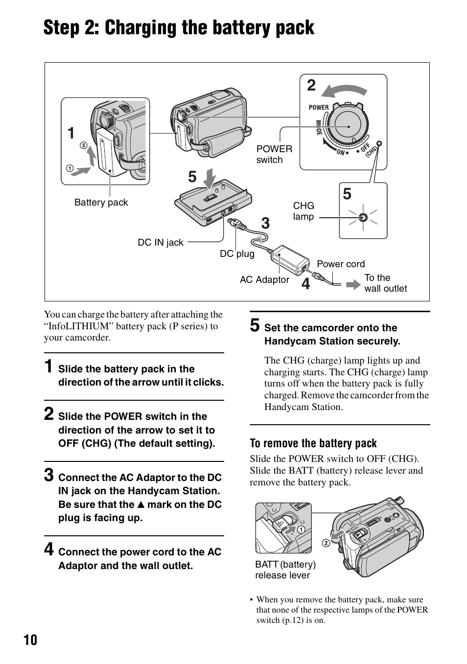 Step 2: charging the battery pack, R (1) (p.10), P.10) | Sony DCR-SR80 User Manual | Page 10 / 35