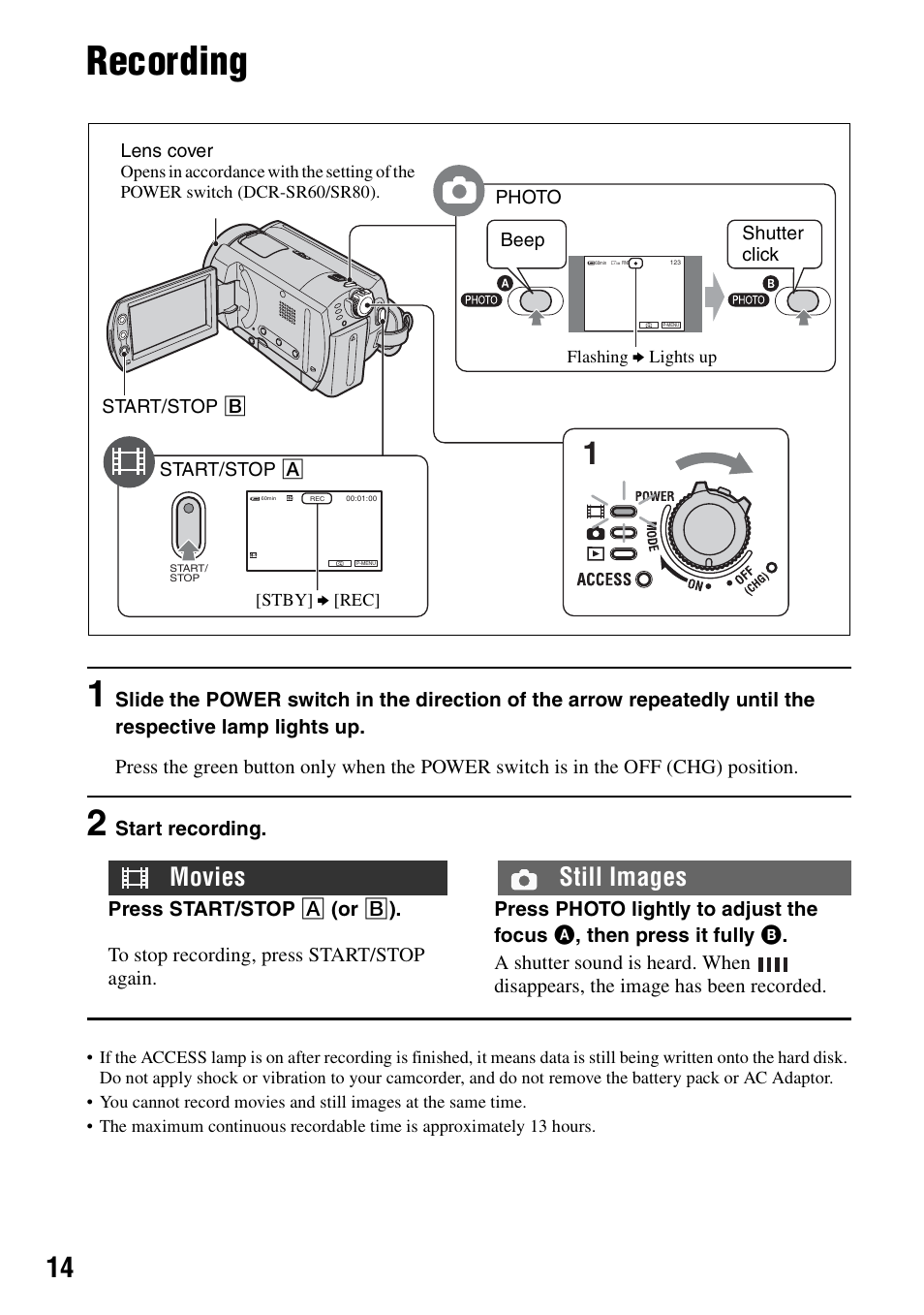 Recording/playback, Recording, Movies still images | Sony DCR-SR80 User Manual | Page 14 / 35