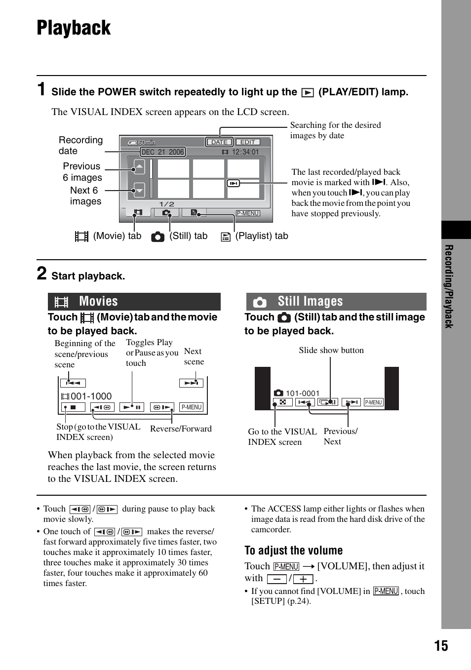 Playback, Movies still images | Sony DCR-SR80 User Manual | Page 15 / 35