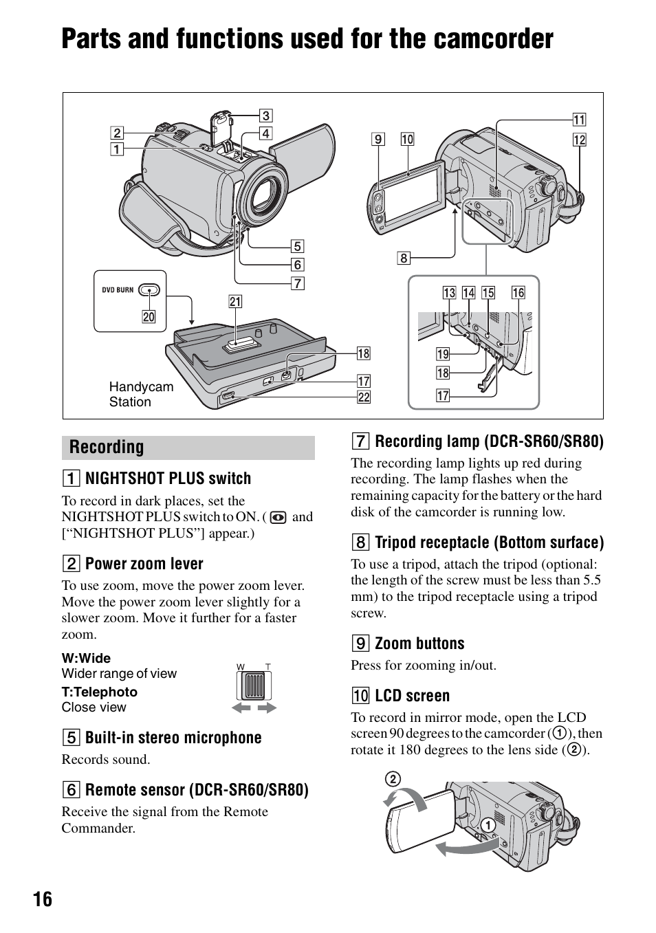 Parts and functions used for the camcorder | Sony DCR-SR80 User Manual | Page 16 / 35