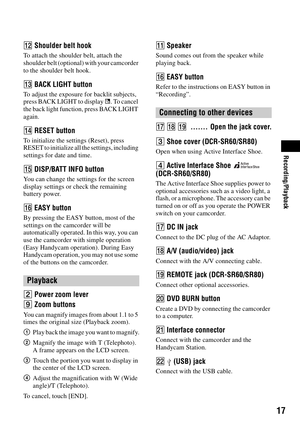 Playback connecting to other devices | Sony DCR-SR80 User Manual | Page 17 / 35