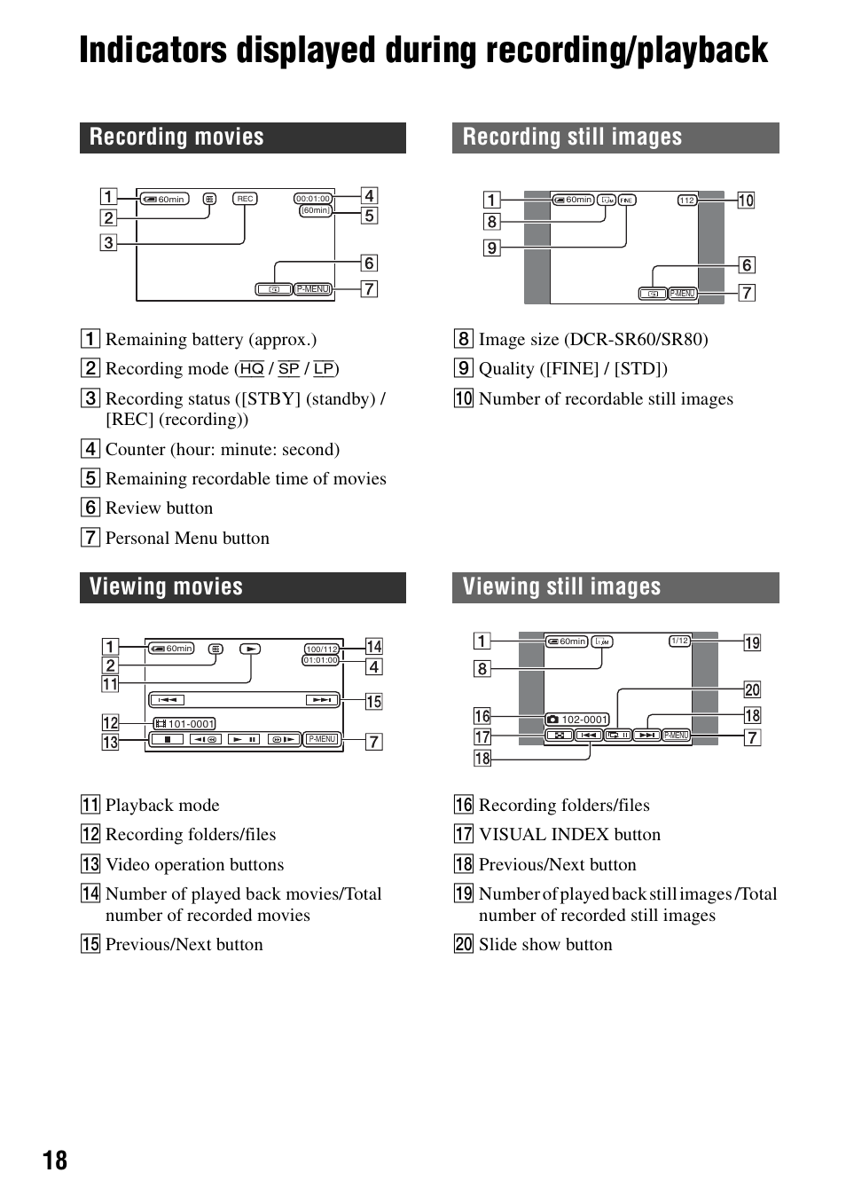 Indicators displayed during recording/playback, Recording movies recording still images, Viewing movies viewing still images | Sony DCR-SR80 User Manual | Page 18 / 35